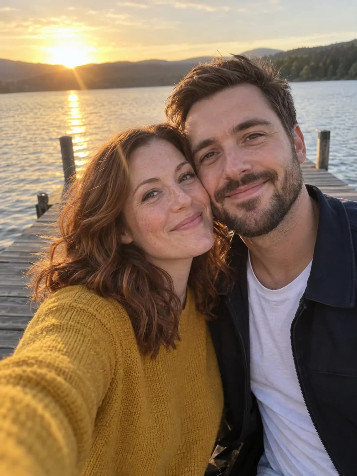 Selfie eines Paares am See bei Sonnenuntergang (Beispielfoto)