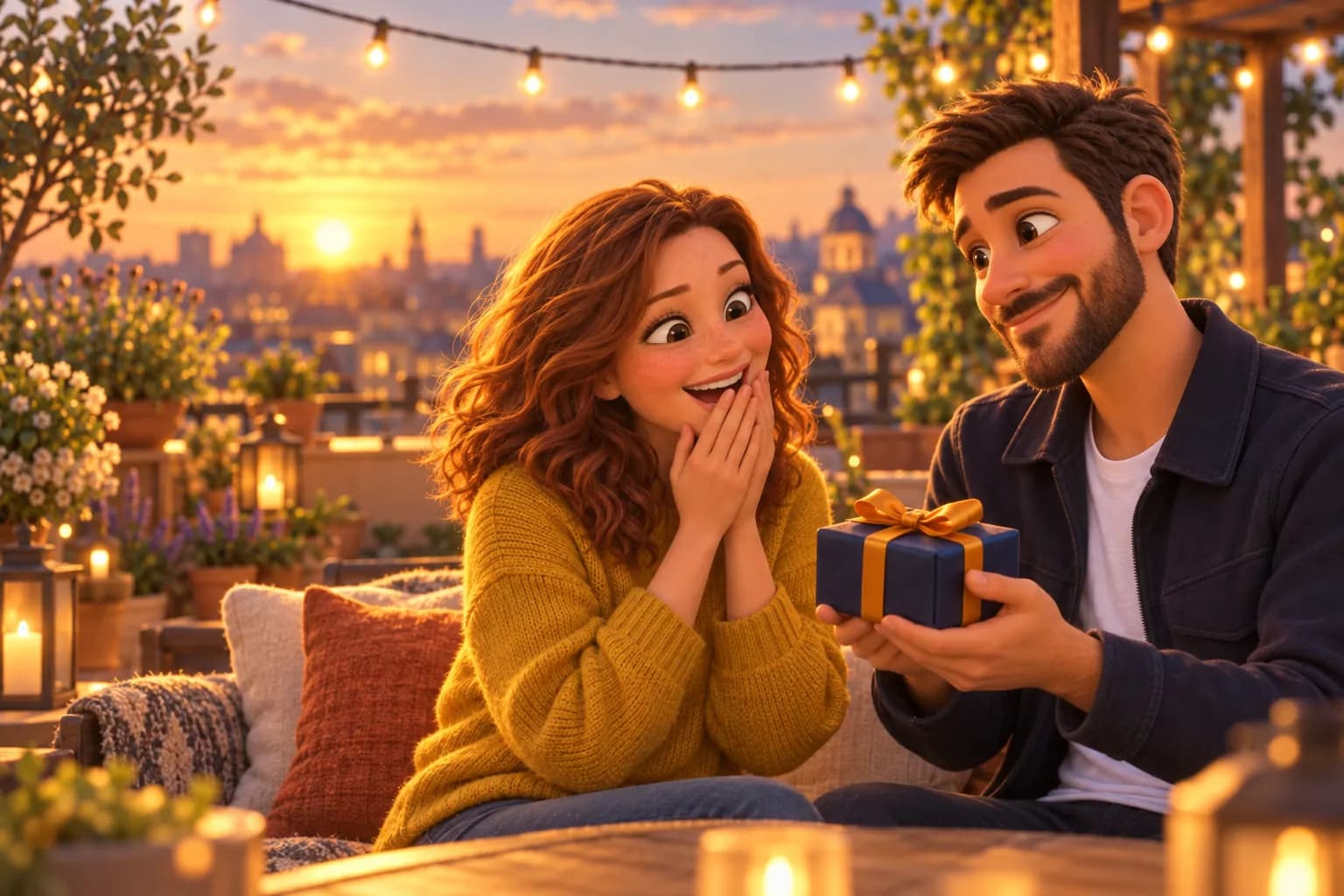 Ein Paar als Filmfiguren: Er überreicht ihr ein Geschenk auf einer Dachterrasse.