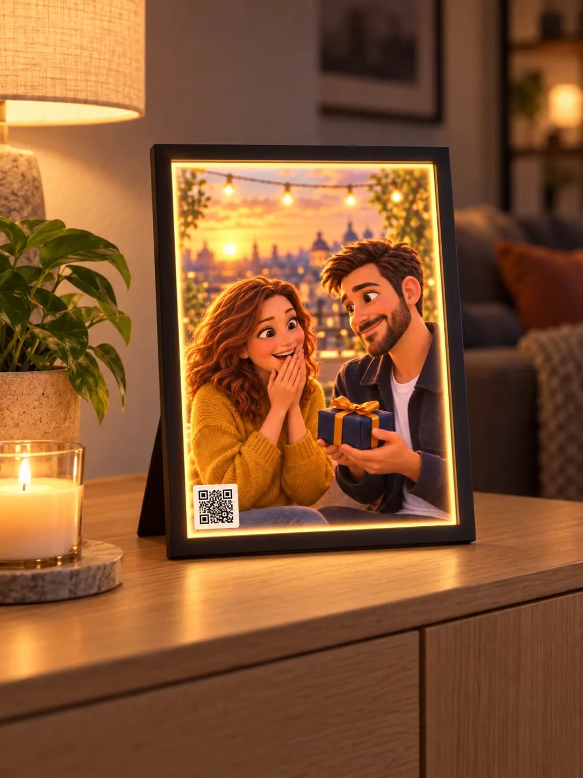 Beleuchteter Bilderrahmen mit einer Szene aus einem Geschenkfilm und einem QR-Code unten links